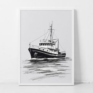 Tugboat Wall Art - Tugboat Sketch - Tugboat Print - Tug Boat Art - Nautical Marine Vessel - Vintage Sketch