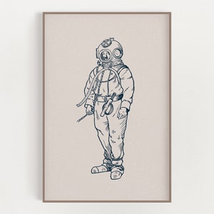 Deep Sea Diver Print - Nautical Home Decor - Nautical Wall Art - Beach House Decor - Wall Art Poster - Vintage Style