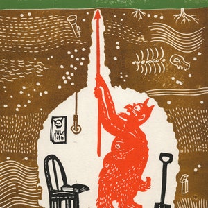 Puede incluir: Un diablo rojo con cuernos y cola está subiendo por un poste rojo. El diablo está en un agujero en el suelo. Hay un remolque negro, una maleta y una pala en la imagen. El texto "JULY 19TH" es visible en la imagen.