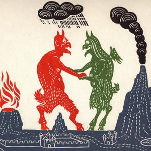 May include: A red and green illustration of two horned figures with a black cloud and rain above them. The figures are standing on a landscape with two volcanoes, one with flames and the other with smoke.