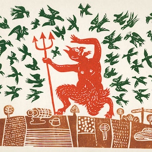 May include: A red devil figure with a trident stands on a brown and white patterned surface. The devil is surrounded by green birds flying in all directions. The text "NOWHERE ELSEWHERE" is written on a sign in the background.