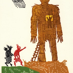 May include: A woodcut print depicting a large, woven figure with a ladder, a small figure inside its chest, and two smaller creatures. A storm cloud is in the upper left. The figures are in shades of brown, red, and black against a white background.