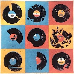 9 Records battus | | d’impression de linogravure | d’art vinyle Imprimé à la main
