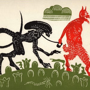 Könnte beinhalten: Ein schwarzes, außerirdisch aussehendes Wesen mit einem langen Schwanz geht auf einer grünen Grasfläche mit einem roten, teuflischen Wesen. Der Außerirdische hält eine Leine, die am Hals des Teufels befestigt ist. Der Hintergrund ist hellbeige mit einer grünen Wolke.