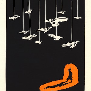 May include: A black and white illustration of a silhouette of a person standing in front of a dark background with a string of white spaceships hanging above. The person is standing in an orange glow.