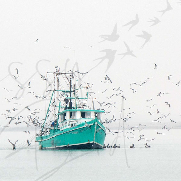 Fine Art Panoramic Photograph | Metal, Photo Print or Gallery Style | Wall Decor | Bird | Fishing | Nature | Shrimp Boat