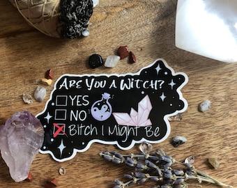 Are you a witch? B*tch I might be sticker. Witchy humor waterproof vinyl sticker, witchy vibes, witch ,laptop sticker, witch sticker, decal