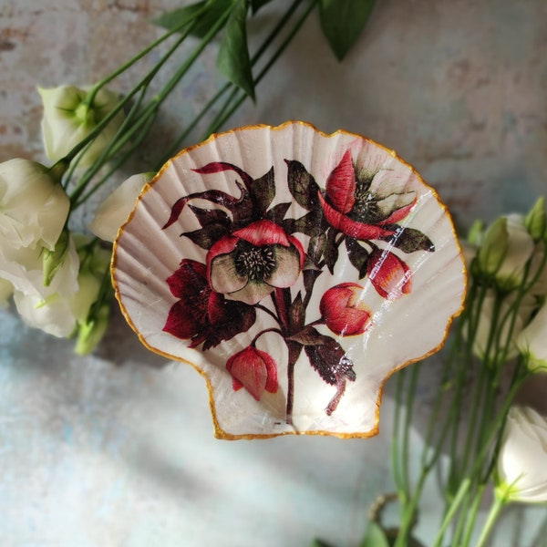 Schmuckschale "Red Flowers", Jakobsmuschel, Dekoschale, Muschelschale