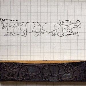 Ancien tampon encreur frise zoo. French vintage rubber stamp, frieze, border, toys
