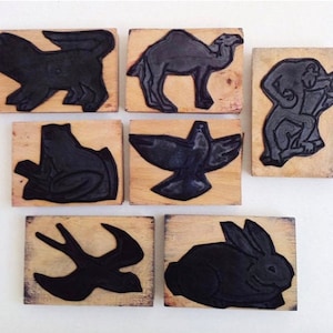 French vintage rubber stamp animaux , tampons, rubber stamps, rabbit, camel, dove, frog, swallow; monkey, cat