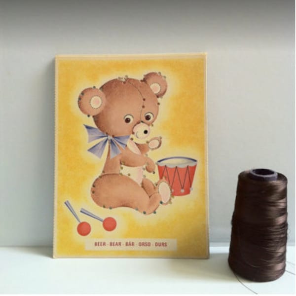 Embroidery card, lace for children. English Vintage embroidery animal cards for kids