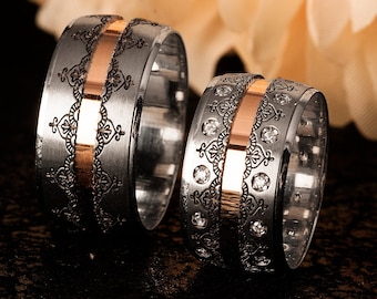 Silver Wedding Rings - His and Hers Couples Rings - Wedding Rings Set - Zirconia Stone Inset Wedding Bands for Couples Pair of Rings