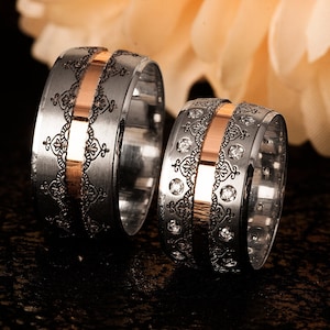 Silver Wedding Rings - His and Hers Couples Rings - Wedding Rings Set - Zirconia Stone Inset Wedding Bands for Couples Pair of Rings