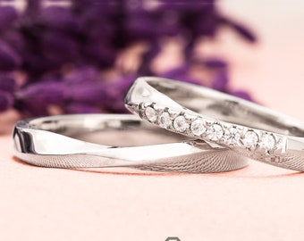 Conjunto de anillos Mobius - Anillos de boda de plata para él y para ella - Alianza de boda de plata - Alianzas de boda con incrustaciones de piedra de circonita para parejas Par de anillos