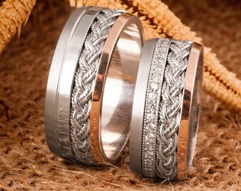 His and Hers Silver Wedding Rings 925 Sterling Silver Wedding Band Set Zirconia Stone Inset Wedding Bands for Couples Pair of Rings