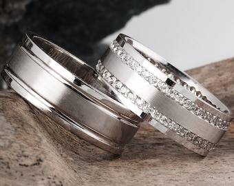 Wedding Ring Sets, His and Hers Silver Wedding Rings, Wedding Band Set, Couple Ring Set, Matching Wedding Band, Unique Wedding Ring