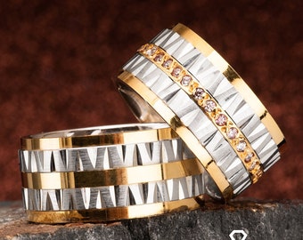 Juegos de anillos de boda de plata - Alianzas de boda de pareja - 925 Juego de banda de bodas de plata de ley - Juego de banda de bodas de plata para él y ella - Juego de bodas