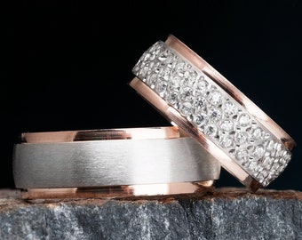 Conjuntos de anillos de boda de plata - Alianzas de boda de pareja - Conjunto de alianzas de boda de plata de ley 925 - Conjunto de alianzas de plata para él y ella - Conjunto de bodas