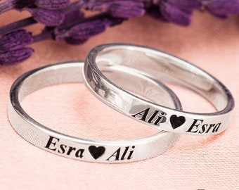 Juego de anillos de boda de plata con nombre personalizado, anillos para parejas para él y para ella, juego de anillos de boda de ley 925 para parejas, par de anillos