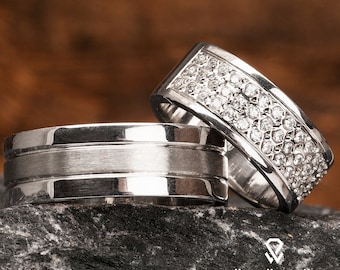 Conjuntos de anillos de boda de plata - Alianzas de boda para pareja - Conjunto de anillos de boda de plata de ley 925 - Conjunto de anillos de boda de plata para él y para ella - Conjunto de boda