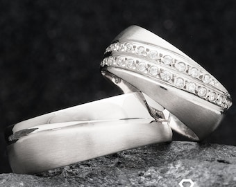 Conjuntos de anillos de boda de plata - Alianzas de boda para pareja - Conjunto de anillos de boda de plata de ley 925 - Conjunto de anillos de boda de plata para él y para ella - Conjunto de boda