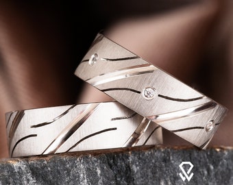 Conjuntos de anillos de boda de plata - Alianzas de boda para pareja - Conjunto de anillos de boda de plata de ley 925 - Conjunto de anillos de boda de plata para él y para ella - Conjunto de boda