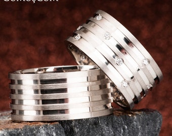 Conjuntos de anillos de boda de plata - Alianzas de boda de pareja - Conjunto de alianzas de boda de plata de ley 925 - Conjunto de alianzas de plata para él y ella - Conjunto de bodas