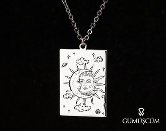 Astrology Necklace, Astrology Sun and Moon Silver Necklace, Silver Astrology Necklace, Silver Rectangle Tarot Card Pendant Necklace.