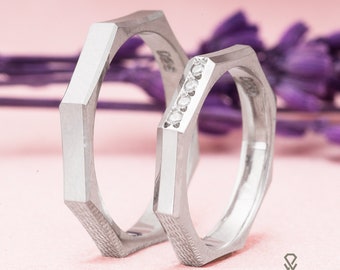 Conjuntos de anillos de boda, anillos de boda de plata para él y para ella, juego de alianza de bodas, juego de anillos de pareja, banda de bodas a juego, anillo de bodas único