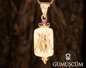 Colgante de moneda, colgante de moneda romana antigua con abeja, colgante de Zeus en huecograbado. Colgante de plata con sello. Colgante de plata con moneda antigua bañado en oro de 24 quilates.