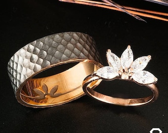 Lotus Flower Silver Wedding Rings Set - His and Hers Couples Rings - Zirconia Stone Inset Wedding Bands for Couples Pair of Rings