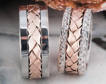 His and Hers Silver Wedding Rings - 925 Sterling Silver Wedding Band Set - Zirconia Stone Inset Wedding Bands for Couples Pair of Rings