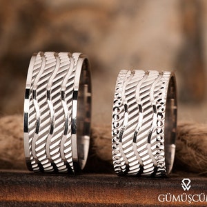 Couple Silver Wedding Bands - 925 Sterling Wedding Rings - His And Hers Wedding Rings Set - Couple Rings - Silver Wedding Band Set