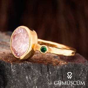 Pink Quartz Ring, Quartz Silver Ring. Gold Plated Silver Quartz Ring. 925 Sterling Silver Gemstone Ring. 24K Gold Plated Woman Silver Ring.