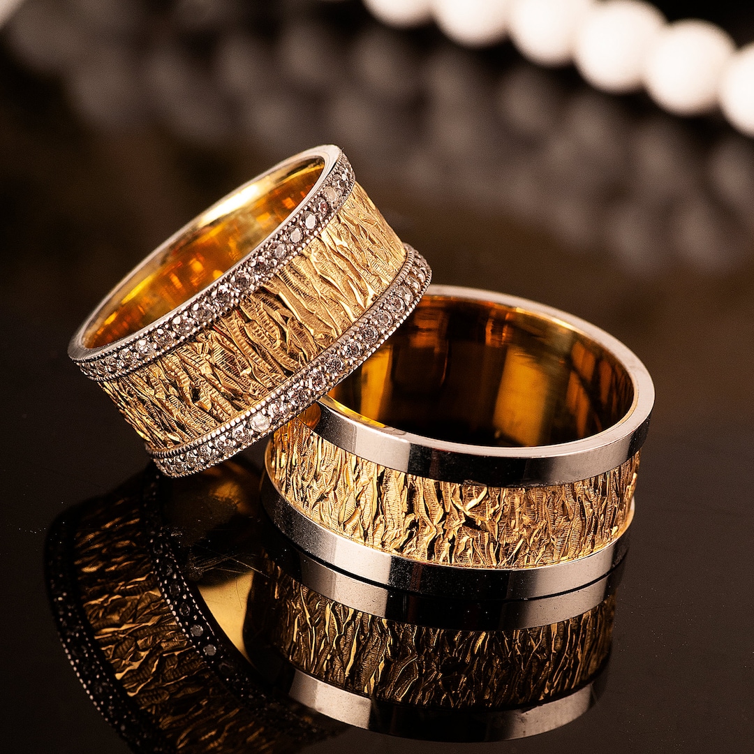 14K Gold Plated Wedding Ring Set Over Sterling Silver - His and Hers ...