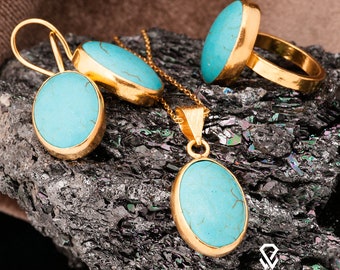 Turquoise Jewelry Set, Turquoise Silver Set, Sterling Silver Gemstone Jewelry Set. Gold Plated Woman Silver Set. Gold Plated Silver Blue Set
