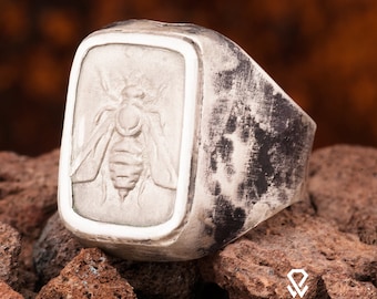 Roman Coin Ring, Ancient Zeus Silver Ring & Honeybee Ancient Coin Ring. 925 Sterling Signet Silver Ring. Men Zeus Ancient Silver Ring