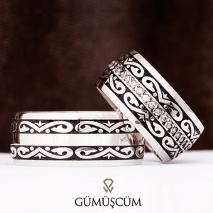 Conjunto de alianças pretas - Alianças de casamento em prata oxidada para ele e para ela - Conjunto de alianças de casamento em prata com zircônia esterlina 925 e pedra embutida