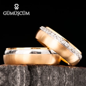 Wedding Ring Sets His and Hers, Wedding Band Set Gold Plated, Couple Ring Set, Matching Wedding Band, Unique Wedding Ring, Wedding Band