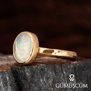 Opal Ring, Opal Silver Ring. Gold Oval Opal Ring. Gold Plated Silver Ring. 925 Sterling Silver Gemstone Ring. 24K Gold Plated Silver Ring.