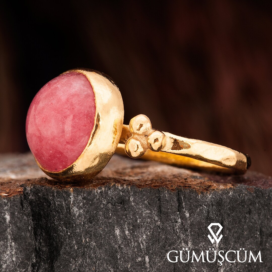 Pink Jade Ring, Jade Silver Ring. Gold Plated Silver Pink Jade Ring ...