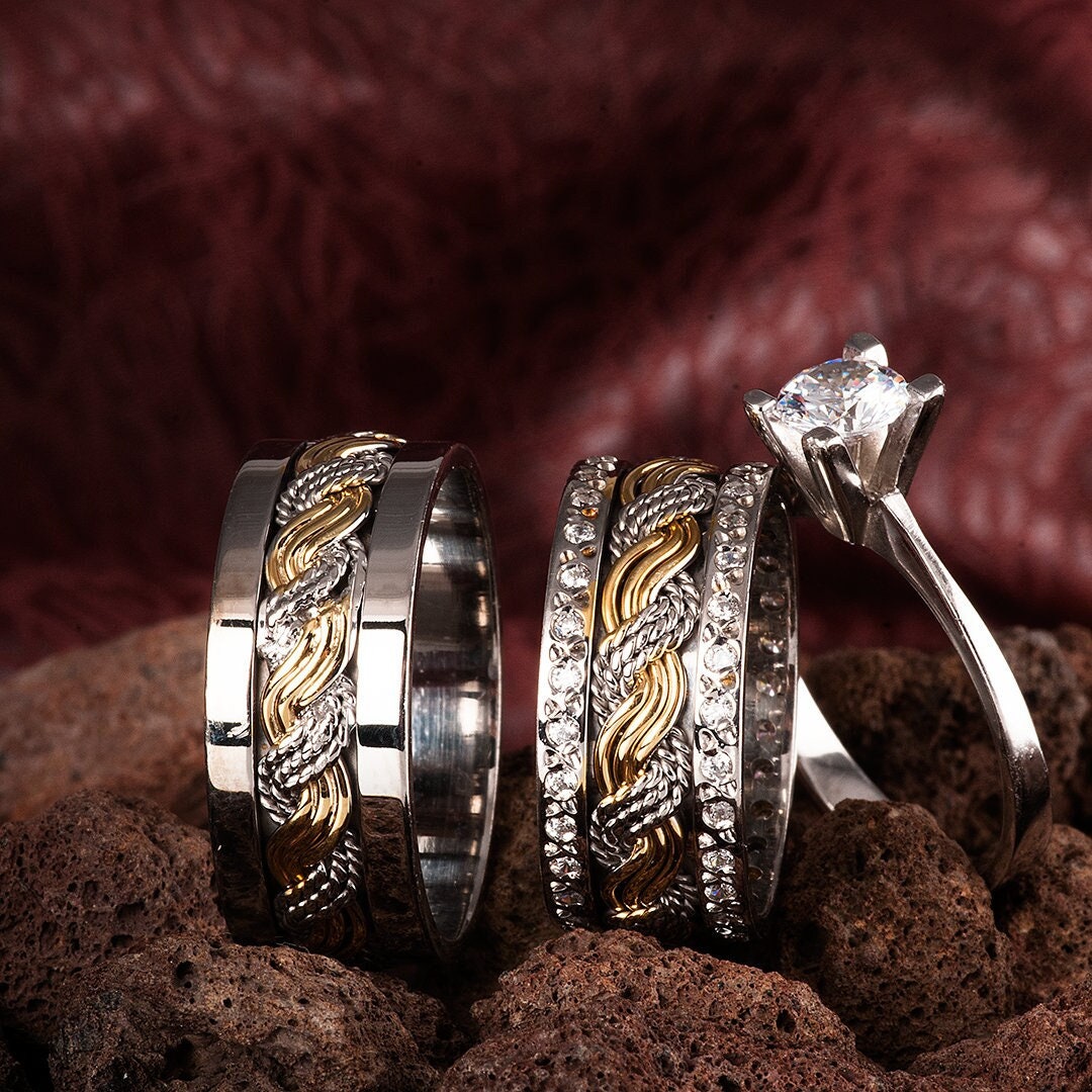 His and Hers Silver Wedding Rings 925 Sterling Silver Wedding Band Set