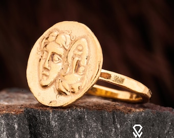 Coin Ring, Ancient Roman Coin Ring, Ancient Silver Coin Ring. 925 Sterling Signet Silver Ring. 24K Gold Plated Ancient Greek Silver Ring.