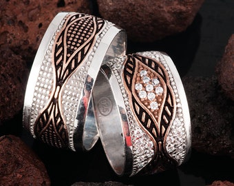 Anillos de boda de plata - Anillos de pareja para él y para ella - Conjunto de anillos de boda - Anillos de boda con inserción de piedra de circonio para parejas Par de anillos