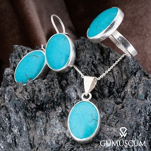 Turquoise Jewelry Set, Turquoise Silver Set, Sterling Silver Gemstone Jewelry Set. Woman Silver Jewelry Set. Plated Silver Blue Jewelry Set