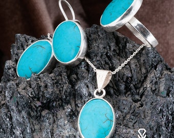 Turquoise Jewelry Set, Turquoise Silver Set, Sterling Silver Gemstone Jewelry Set. Woman Silver Jewelry Set. Plated Silver Blue Jewelry Set