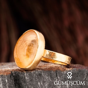 Amber Ring, Amber Silver Ring. Gold Plated Silver Amber Ring. 925 Sterling Silver Gemstone Ring. 24K Gold Plated Woman Silver Ring.