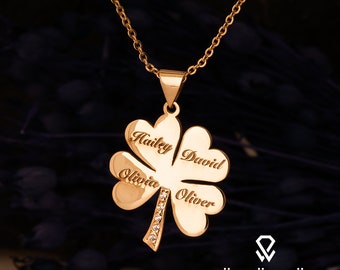 Four-leaf Clover Pendant. Family Silver Pendant, Personalised Gold Plated Necklace.  Sterling Silver Necklace, Custom Name Pendant.