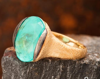 Owalny pierścień z turmalinem Paraiba, damski srebrny pierścień z turmalinem Paraiba, pozłacany srebrny pierścień z kamieniem szlachetnym z turmalinem Paraiba, pierścień z turkusem neonowym