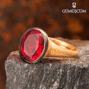 Ruby Ring, Ruby Silver Ring. Gold Plated Silver Ruby Ring. 925 Sterling Silver Oval Gemstone Ring. 24K Gold Plated Woman Ruby Silver Ring.